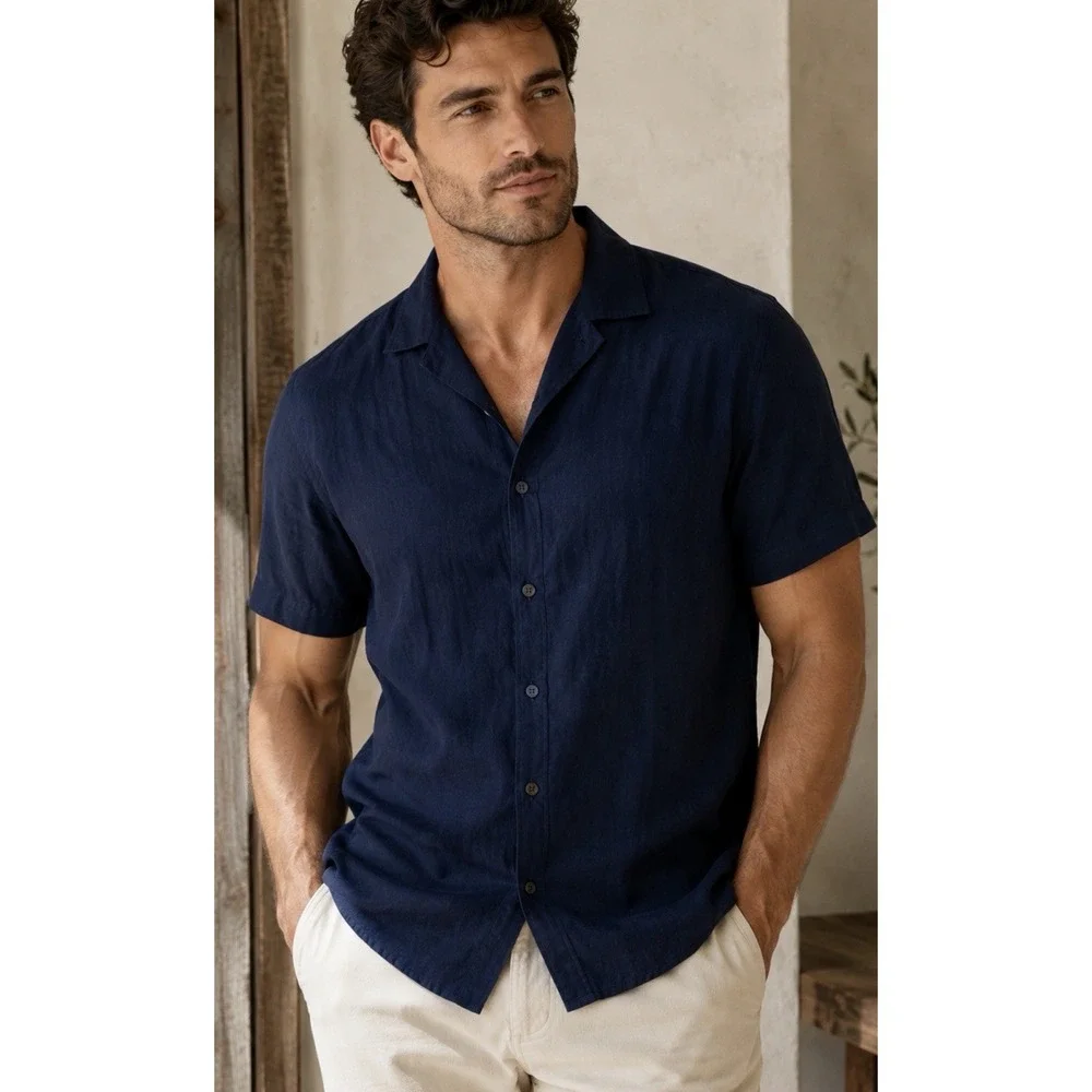 Banana Republic Standard Linen Large Tall Blue Button Down Short Sleeve Shirt